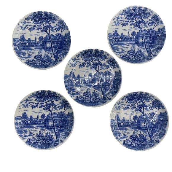 VTG Blue ENGLISH VILLAGE Lot of 5 Transferware Ironstone Saucer Matching Japan - Picture 1 of 8